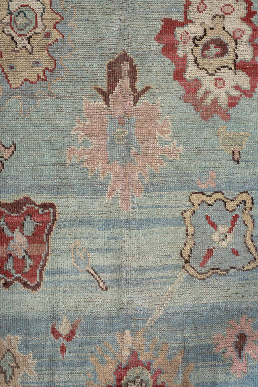 5' x 7' one-of-a-kind handmade vintage Oushak medium size rug. Color palette: sky blue, ivory, pale aqua, rust, blush, taupe