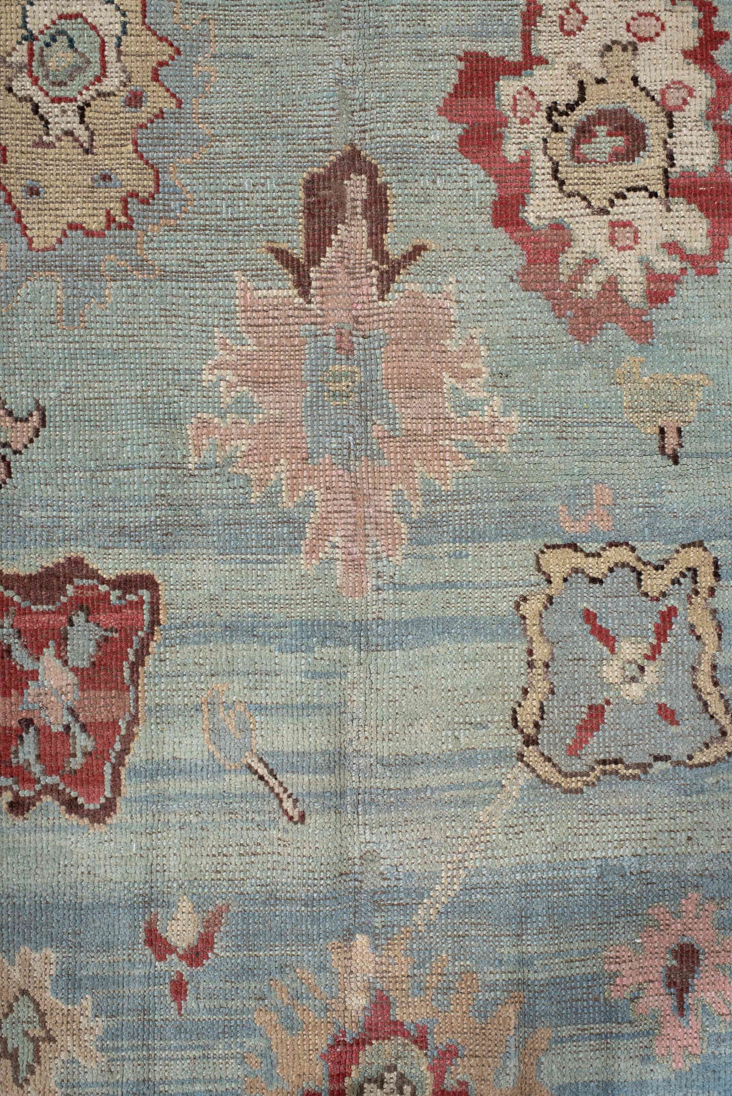 5' x 7' one-of-a-kind handmade vintage Oushak medium size rug. Color palette: sky blue, ivory, pale aqua, rust, blush, taupe