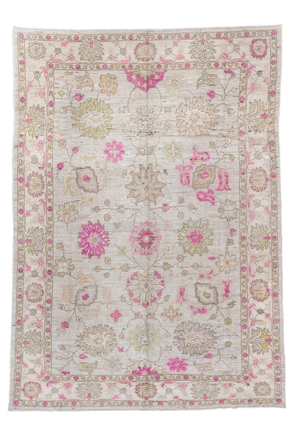 8' x 12' one-of-a-kind handmade vintage Oushak large size rug. Color palette: brown, dark gray, gray, light gray, linen