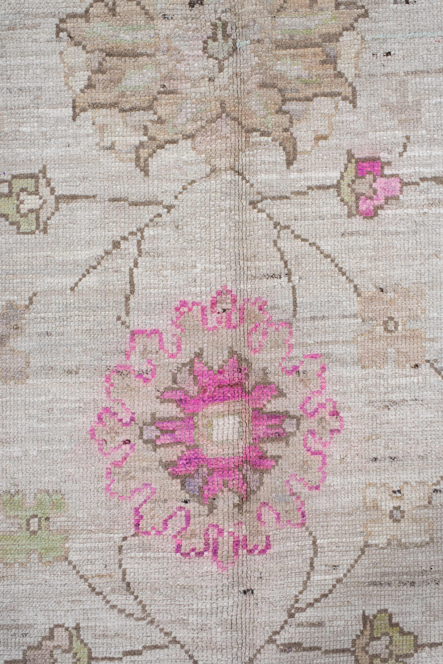 8' x 12' one-of-a-kind handmade vintage Oushak large size rug. Color palette: ivory, taupe, pink, beige, pale olive, cream