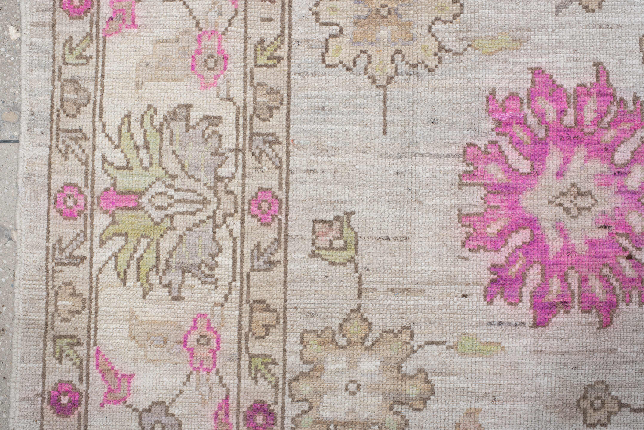 8' x 12' one-of-a-kind handmade vintage Oushak large size rug. Color palette: ivory, taupe, pink, beige, pale olive, cream