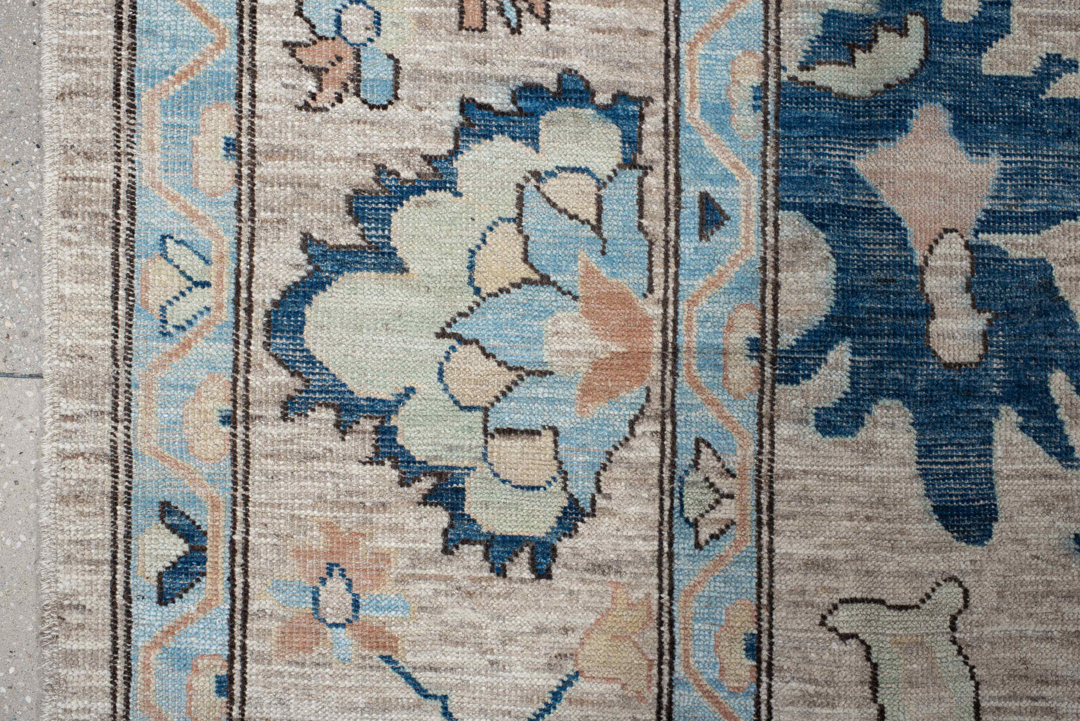 10' x 13' one-of-a-kind handmade vintage Oushak large size rug. Color palette: ivory, sky blue, navy, blush, sage, taupe