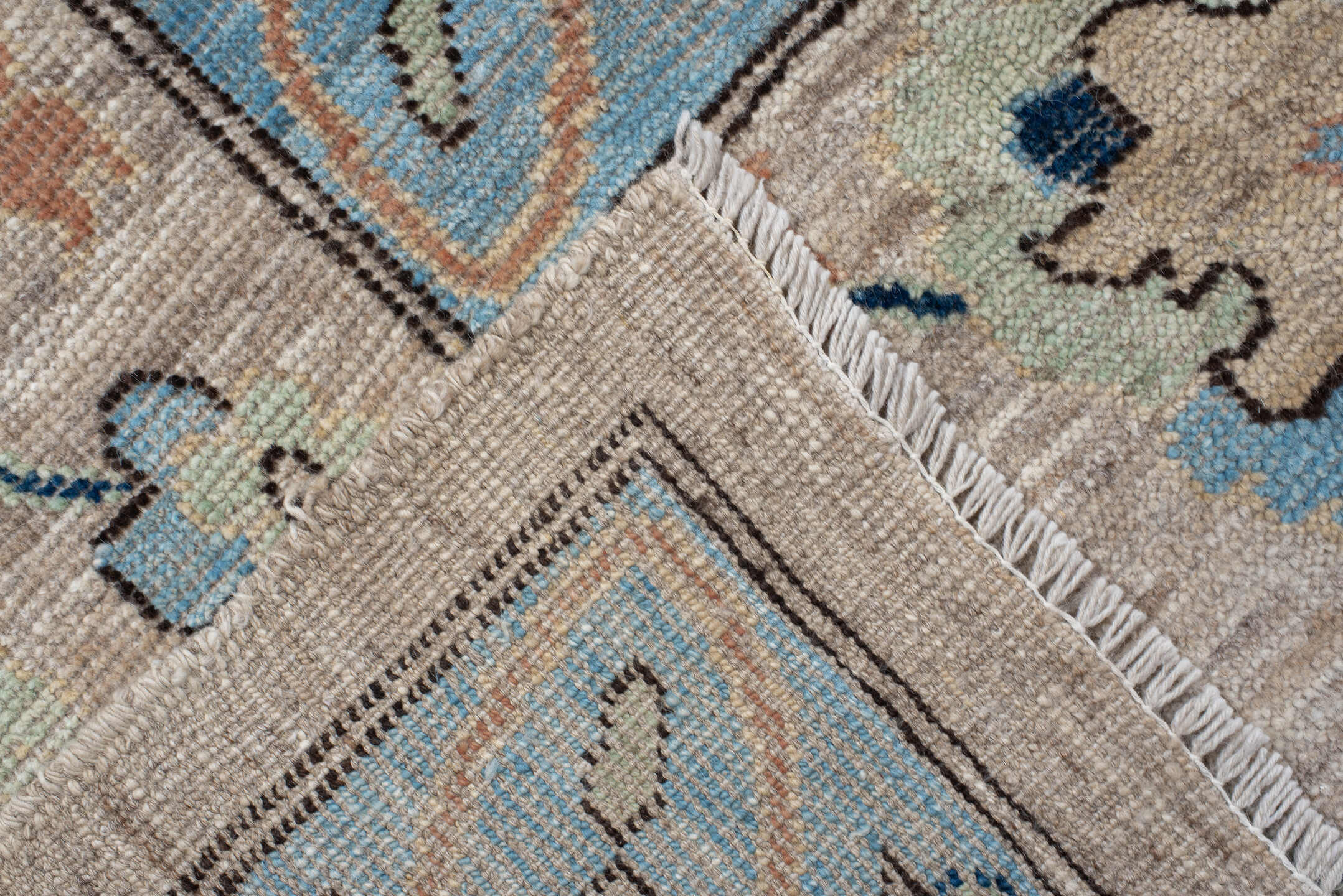 10' x 13' one-of-a-kind handmade vintage Oushak large size rug. Color palette: ivory, sky blue, navy, blush, sage, taupe