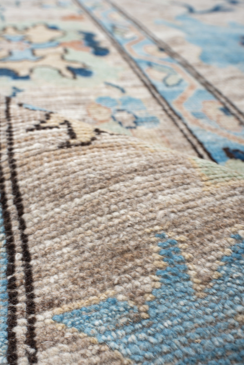10' x 13' one-of-a-kind handmade vintage Oushak large size rug. Color palette: ivory, sky blue, navy, blush, sage, taupe