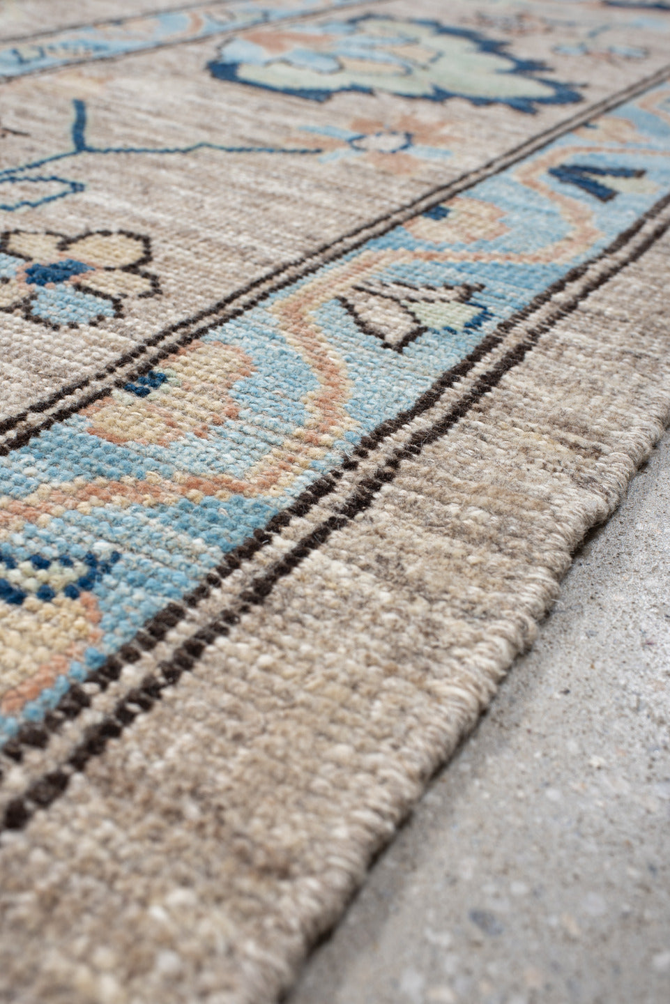 10' x 13' one-of-a-kind handmade vintage Oushak large size rug. Color palette: ivory, sky blue, navy, blush, sage, taupe