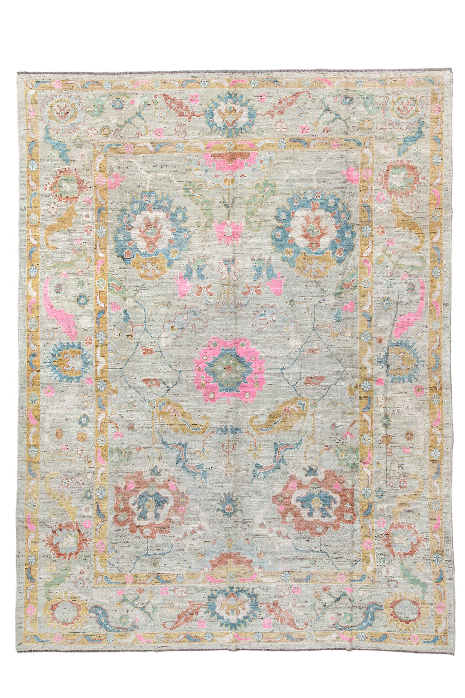 10' x 13' one-of-a-kind handmade vintage Oushak large size rug. Color palette: blue, brown, dark gray, gainsboro, gray