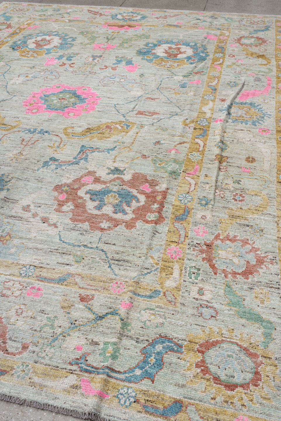 10' x 13' one-of-a-kind handmade vintage Oushak large size rug. Color palette: blue, brown, dark gray, gainsboro, gray