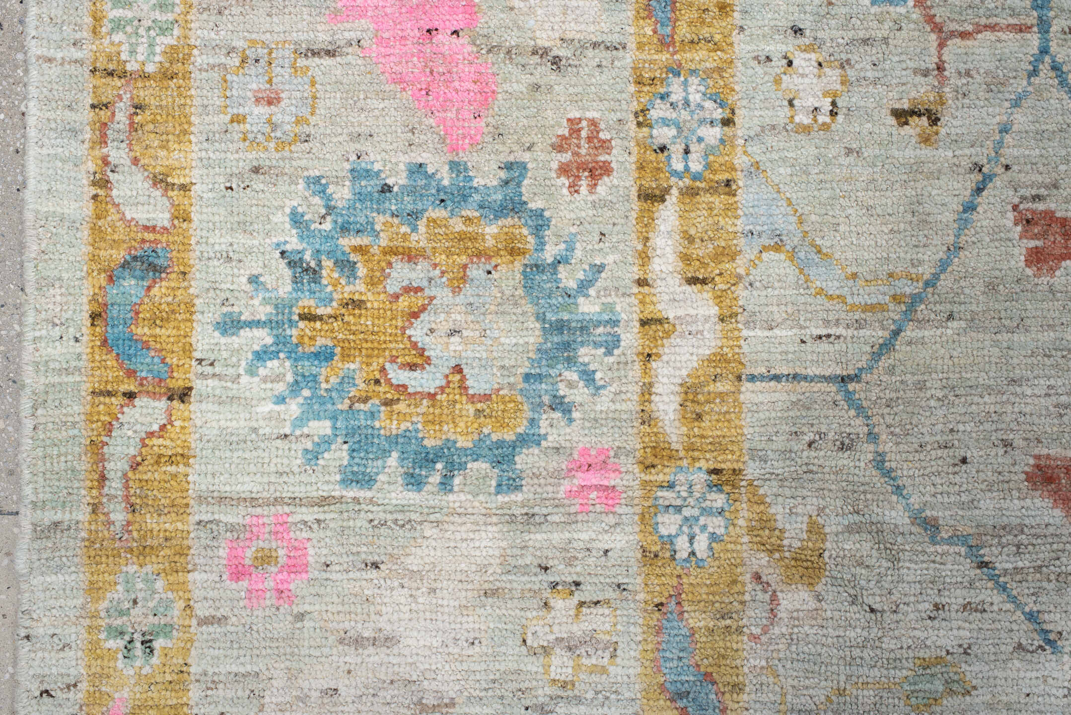 10' x 13' one-of-a-kind handmade vintage Oushak large size rug. Color palette: ivory, sky blue, blush pink, gold