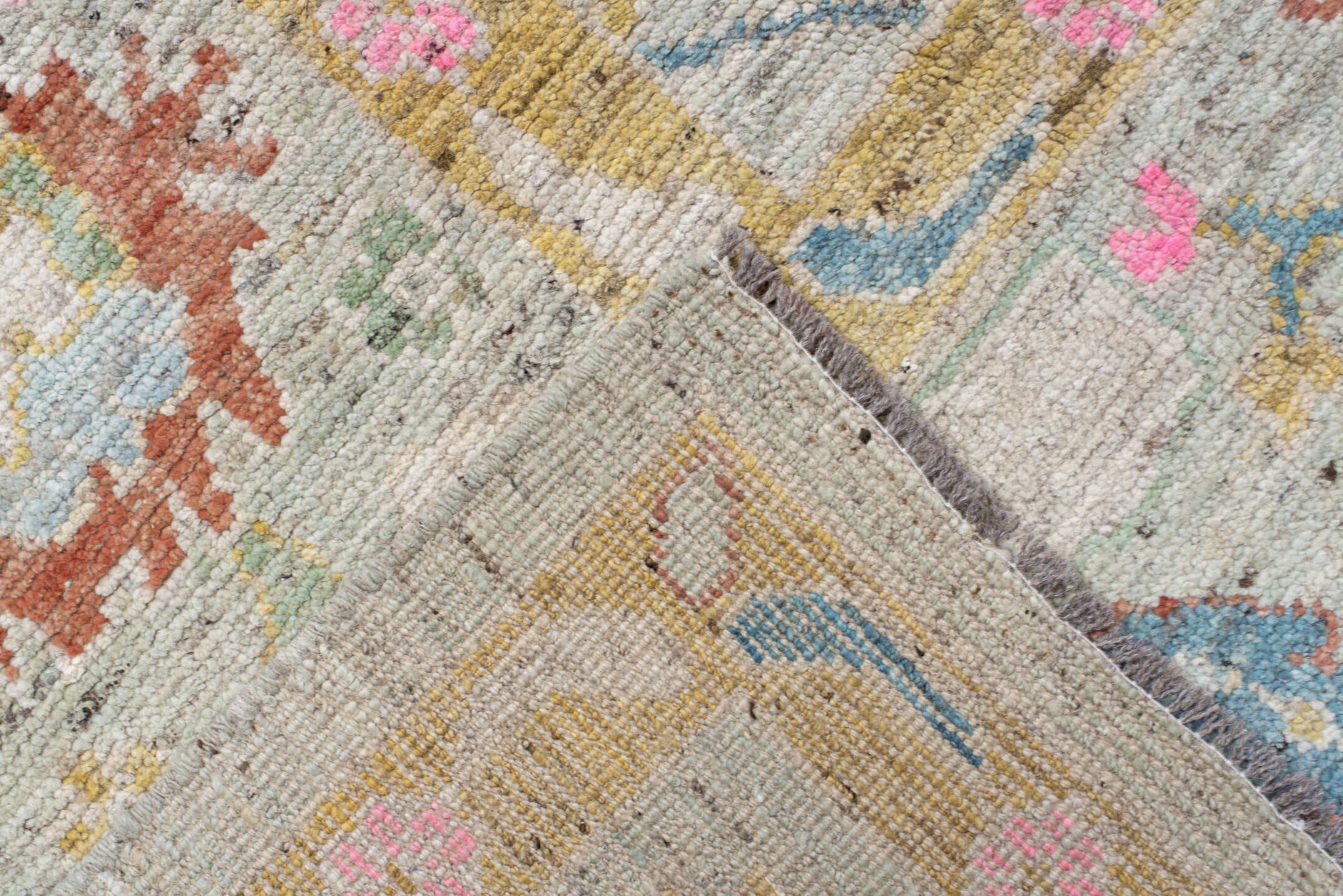10' x 13' one-of-a-kind handmade vintage Oushak large size rug. Color palette: ivory, sky blue, blush pink, gold