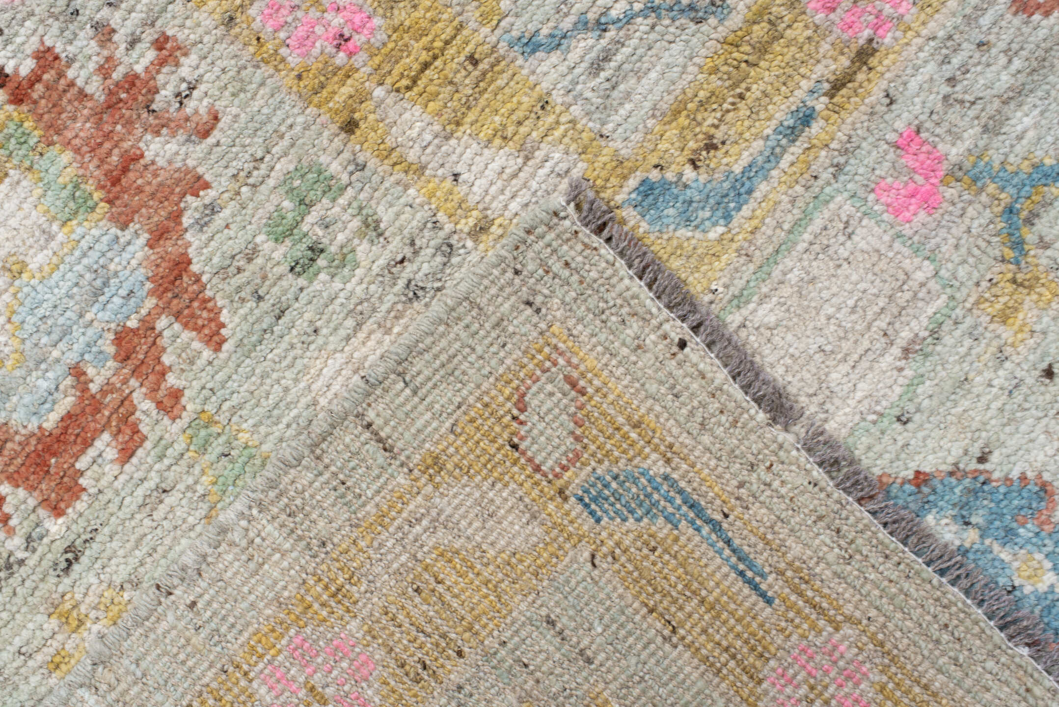 10' x 13' one-of-a-kind handmade vintage Oushak large size rug. Color palette: ivory, sky blue, blush pink, gold