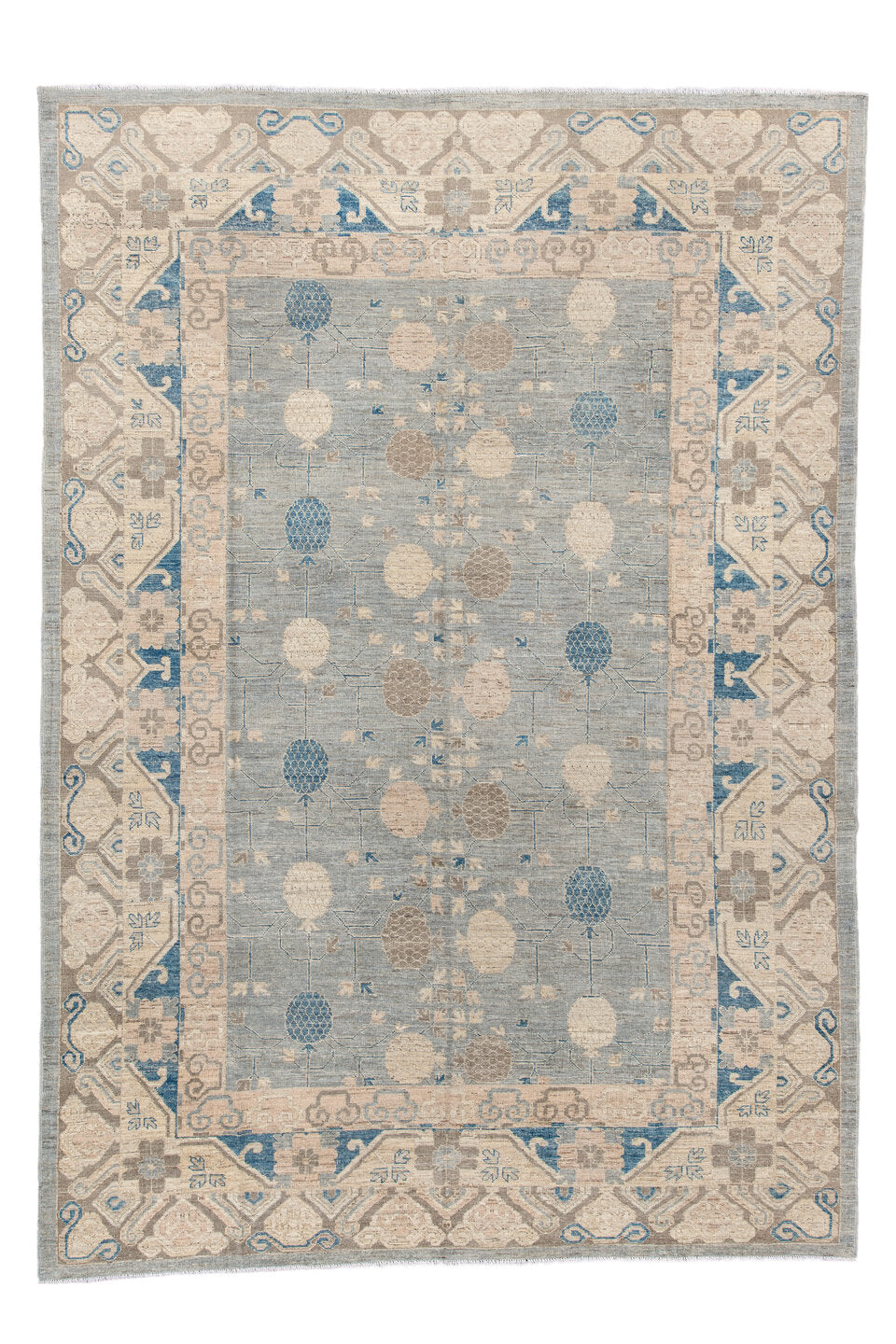 9' x 12' one-of-a-kind handmade vintage Oushak large size rug. Color palette: blue, brown, dim gray, gainsboro, gray