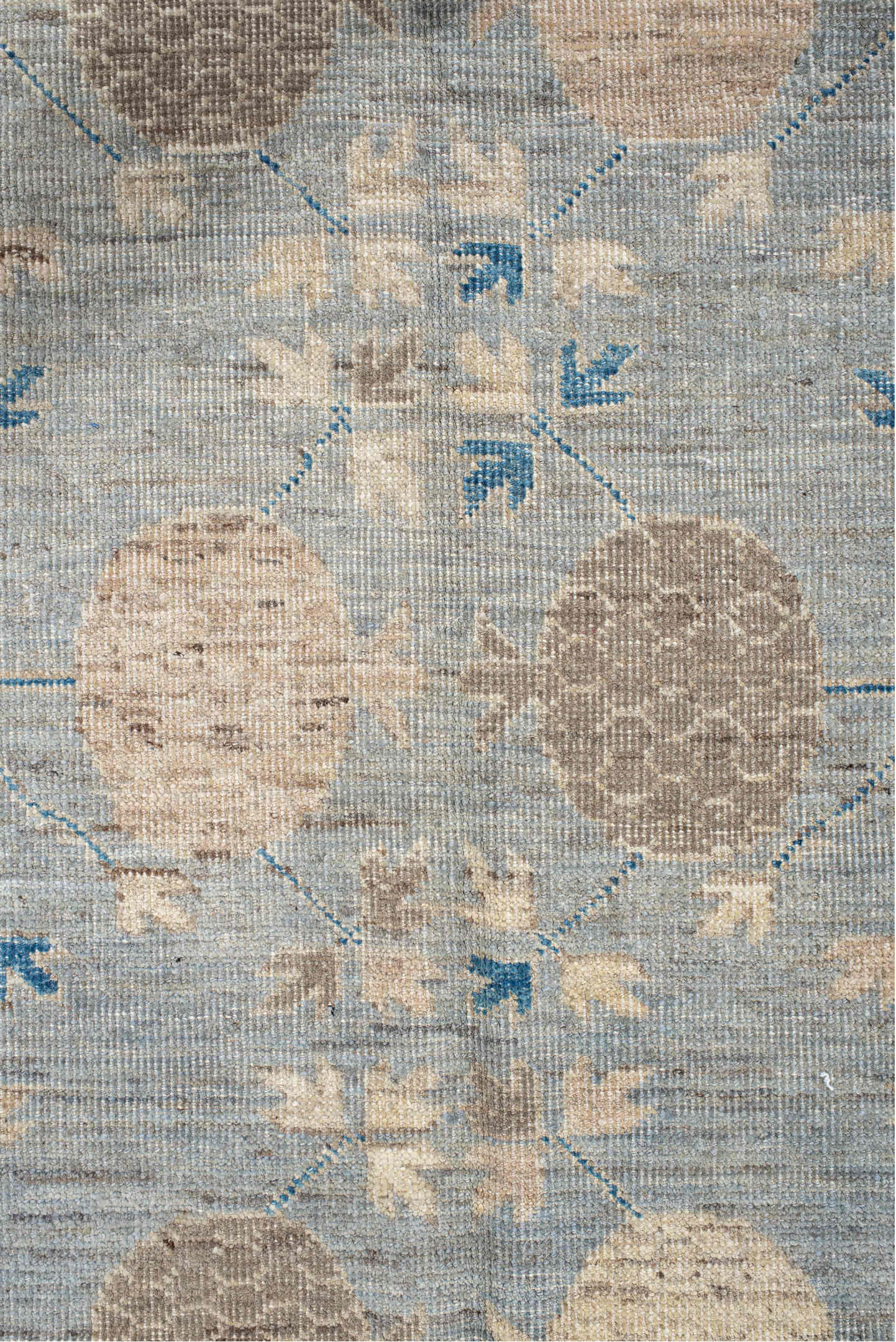 9' x 12' one-of-a-kind handmade vintage Oushak large size rug. Color palette: pale blue, ivory, taupe, sky blue, beige