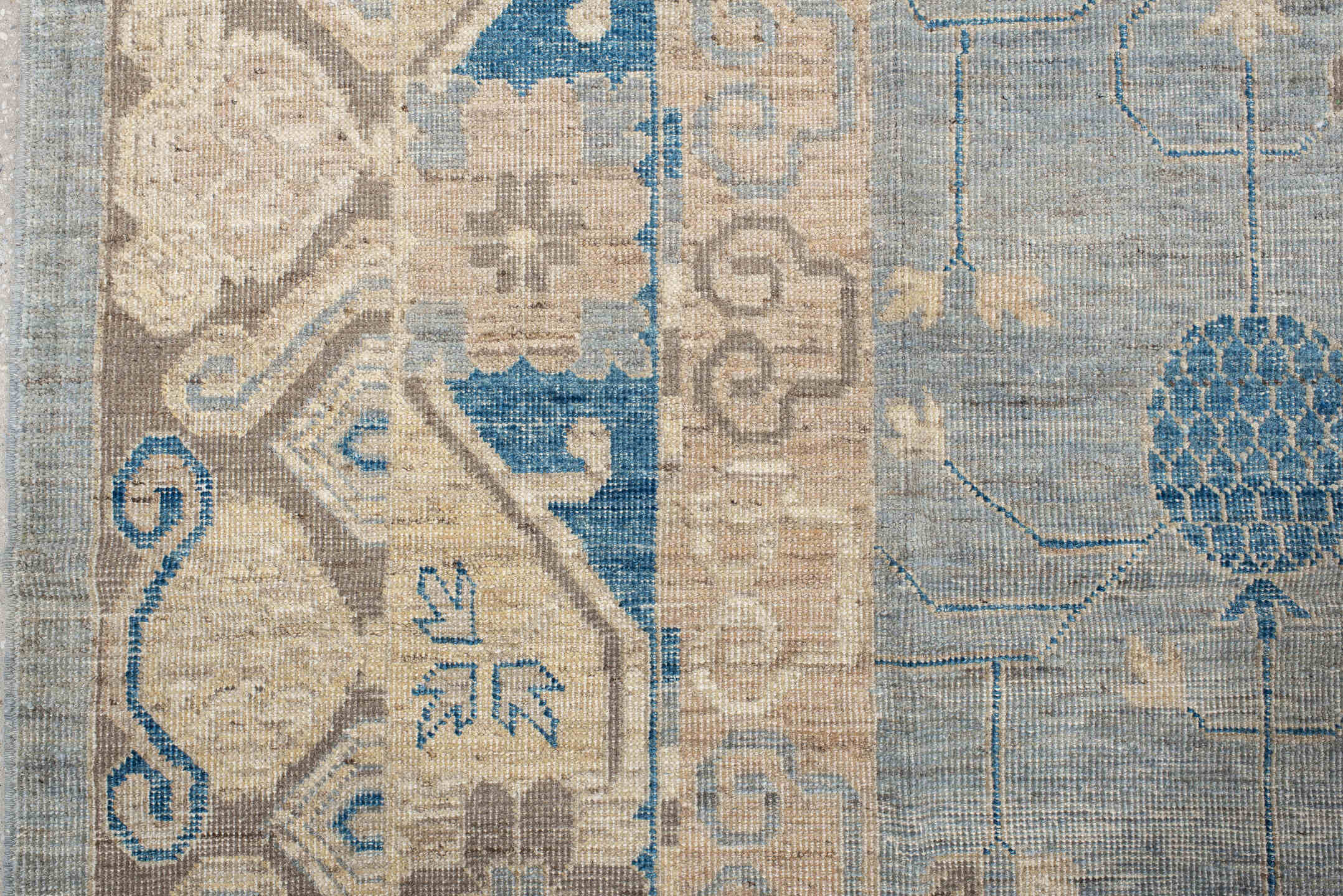 9' x 12' one-of-a-kind handmade vintage Oushak large size rug. Color palette: pale blue, ivory, taupe, sky blue, beige