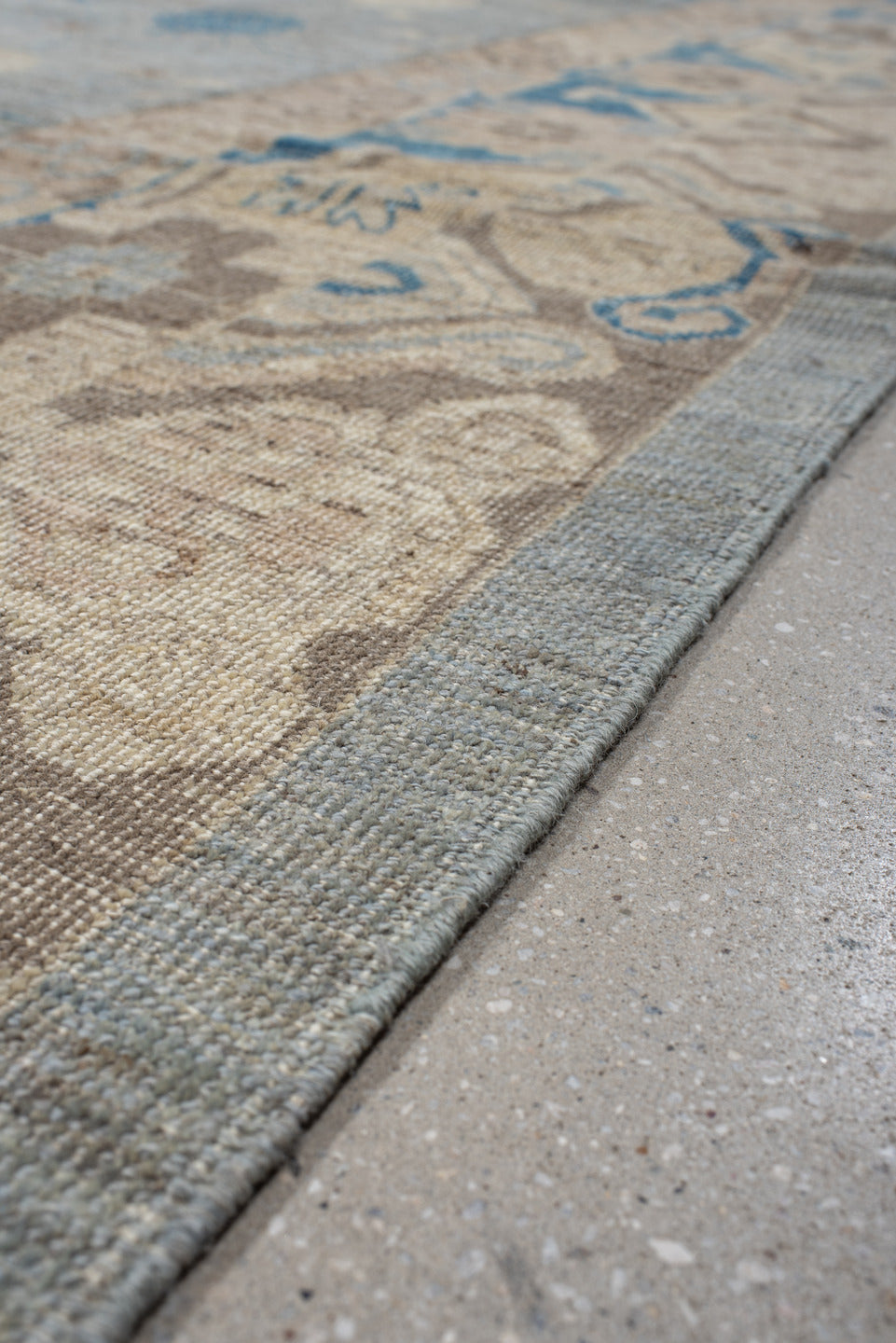 9' x 12' one-of-a-kind handmade vintage Oushak large size rug. Color palette: pale blue, ivory, taupe, sky blue, beige