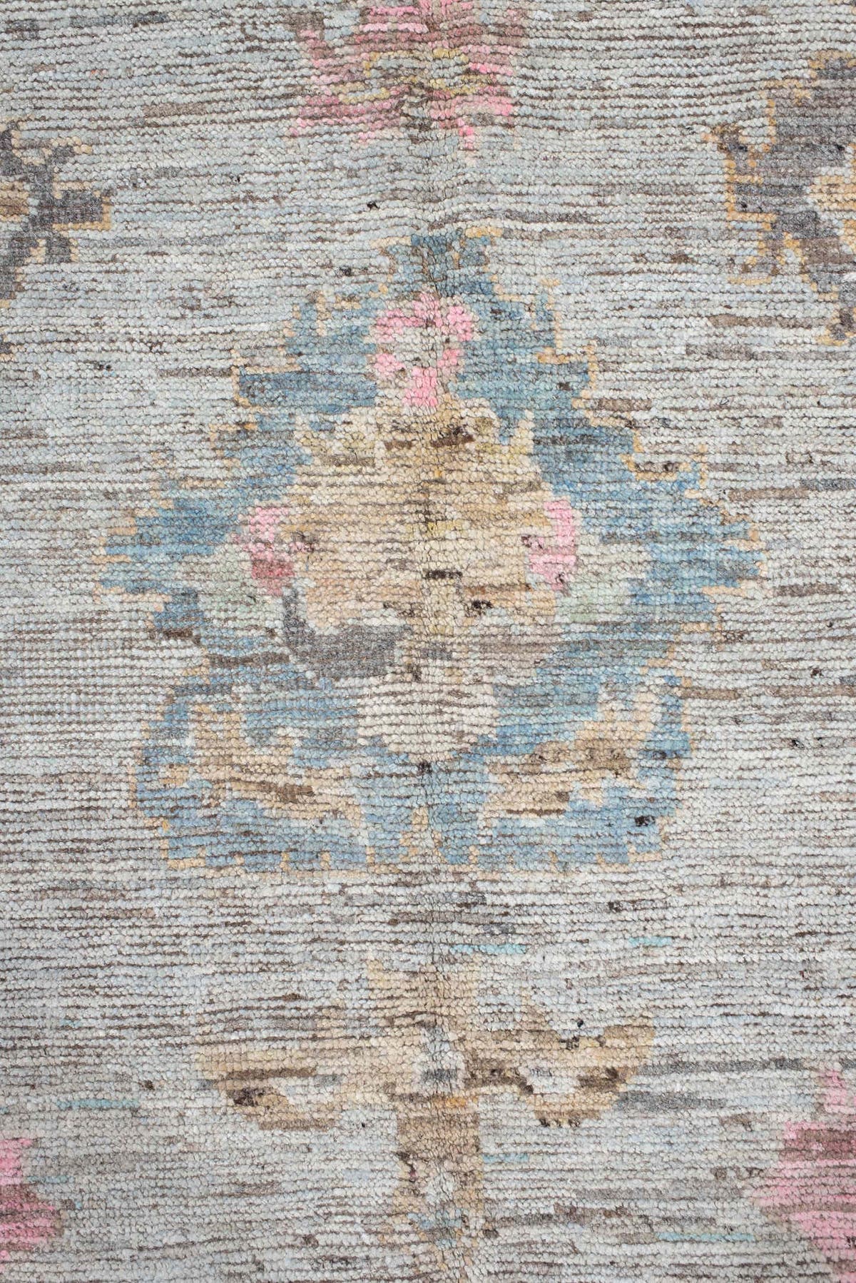 10' x 13' one-of-a-kind handmade vintage Oushak large size rug. Color palette: ivory, pale blue, blush, taupe, gold