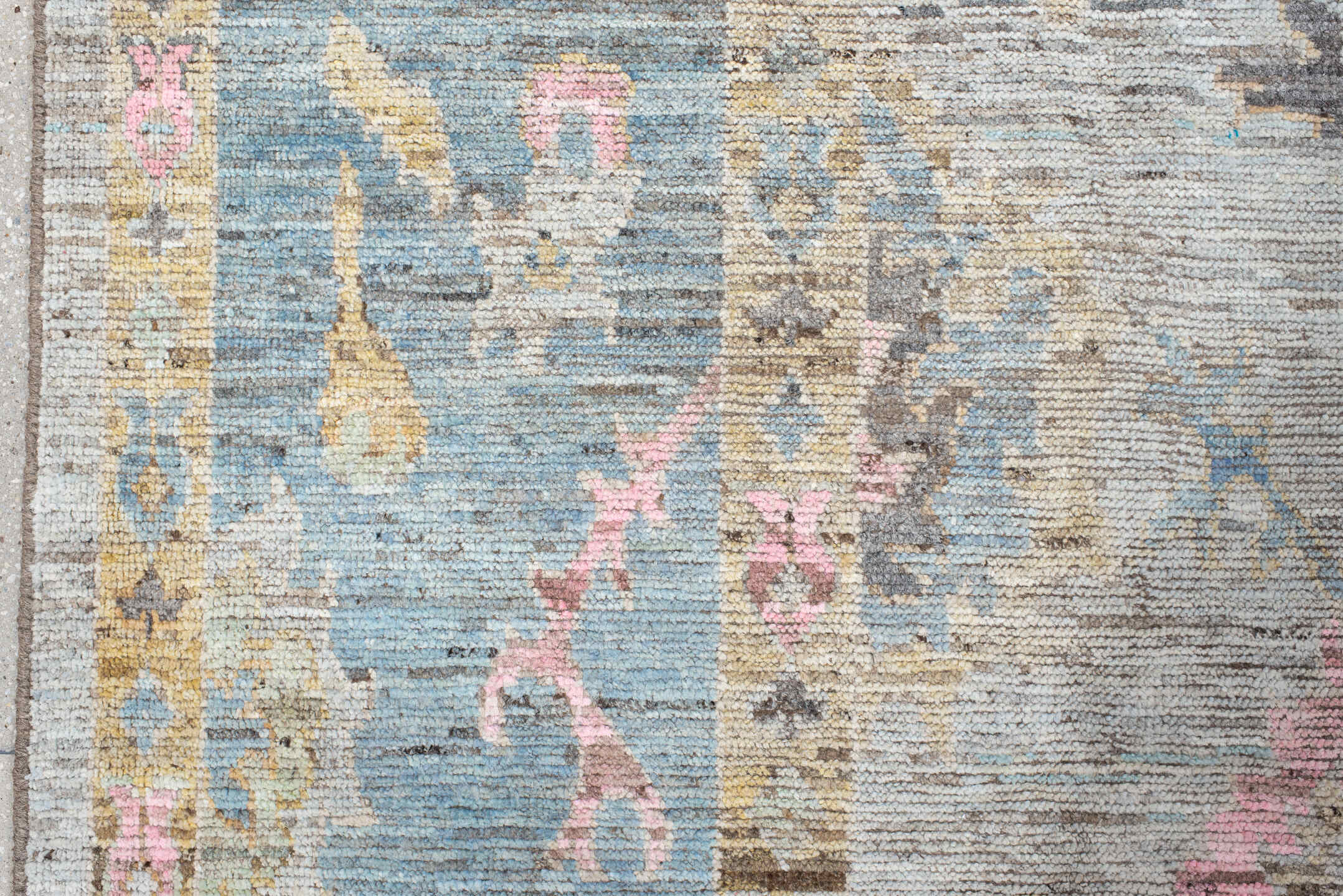 10' x 13' one-of-a-kind handmade vintage Oushak large size rug. Color palette: ivory, pale blue, blush, taupe, gold