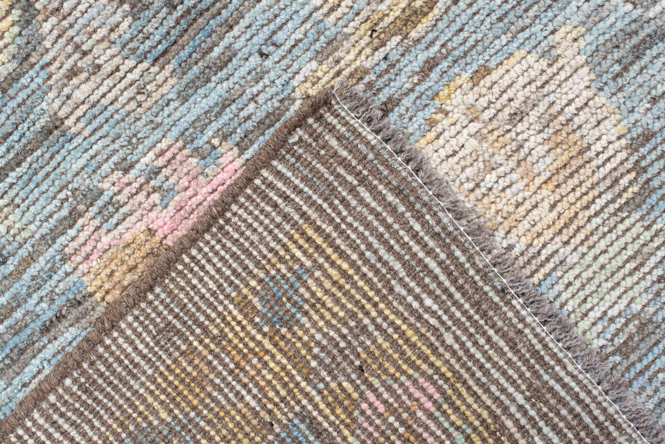 10' x 13' one-of-a-kind handmade vintage Oushak large size rug. Color palette: ivory, pale blue, blush, taupe, gold