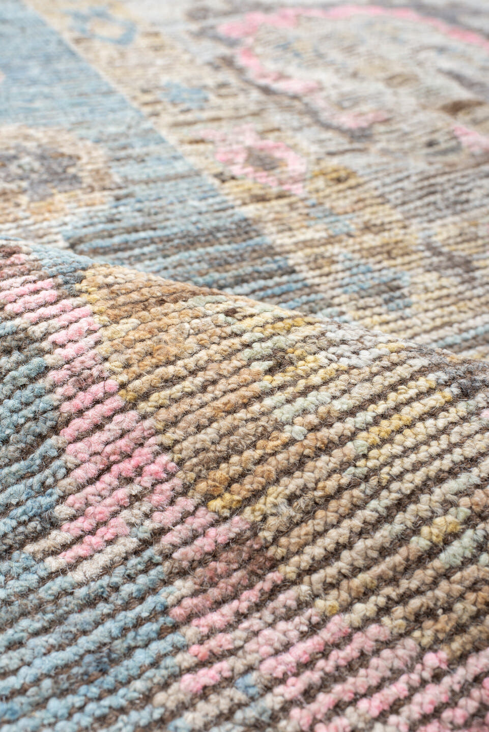 10' x 13' one-of-a-kind handmade vintage Oushak large size rug. Color palette: ivory, pale blue, blush, taupe, gold