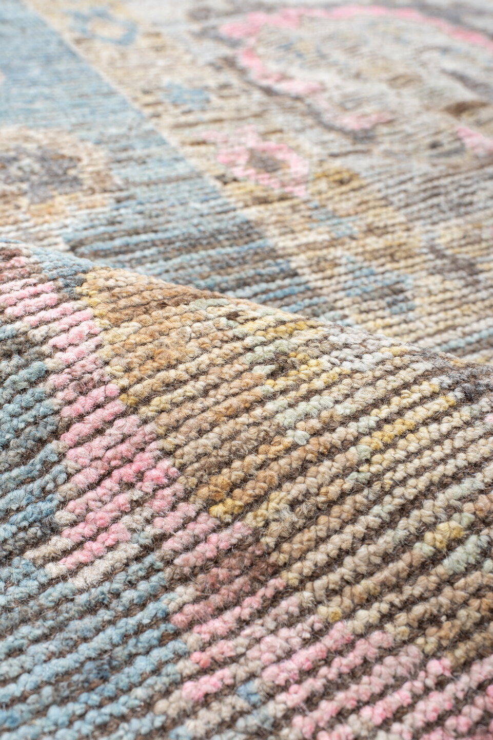 10' x 13' one-of-a-kind handmade vintage Oushak large size rug. Color palette: ivory, pale blue, blush, taupe, gold