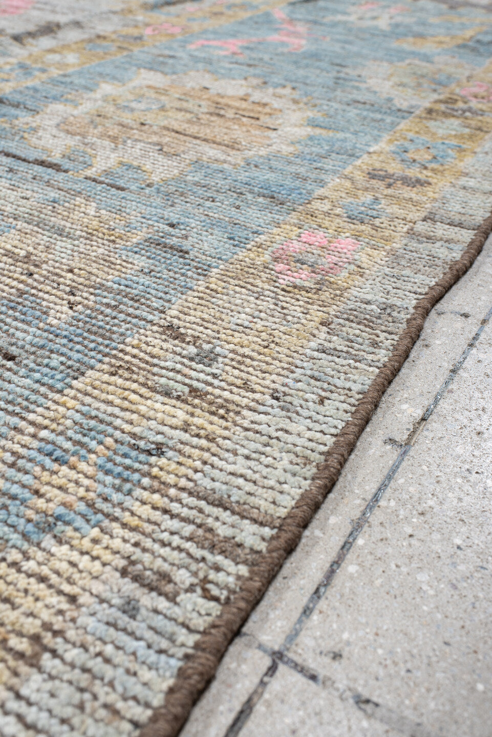 10' x 13' one-of-a-kind handmade vintage Oushak large size rug. Color palette: ivory, pale blue, blush, taupe, gold