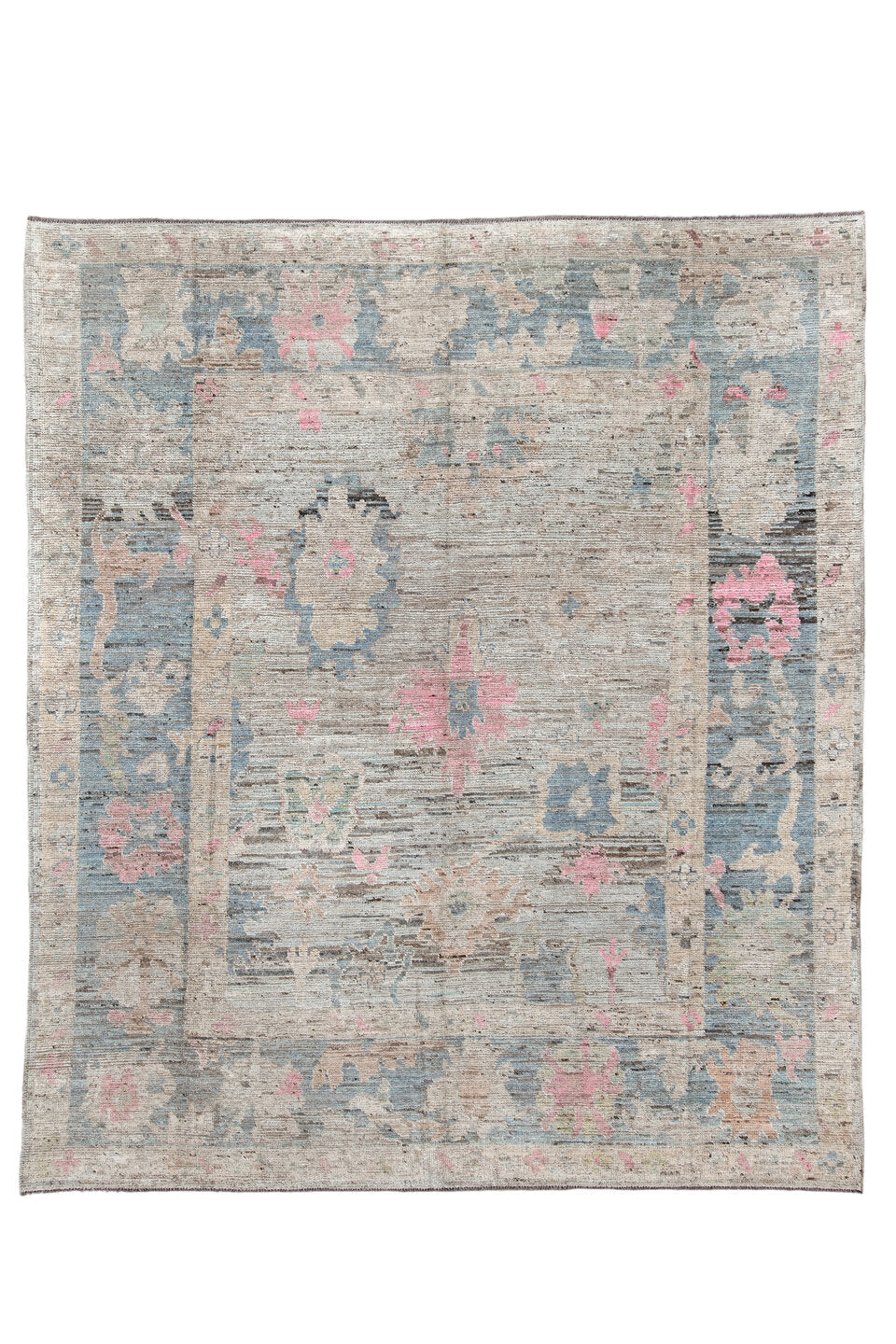 8' x 9' one-of-a-kind handmade vintage Oushak rug. Color palette: dark gray, dim gray, gainsboro, gray, light gray