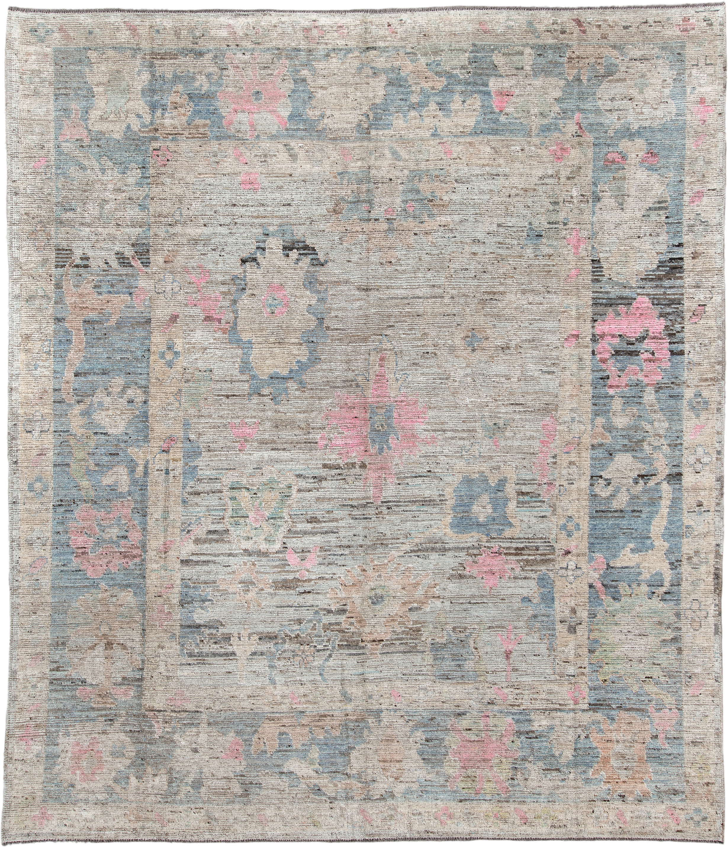 8' x 9' one-of-a-kind handmade vintage Oushak rug. Color palette: ivory, taupe, pale blue, blush, beige, gray, light blue