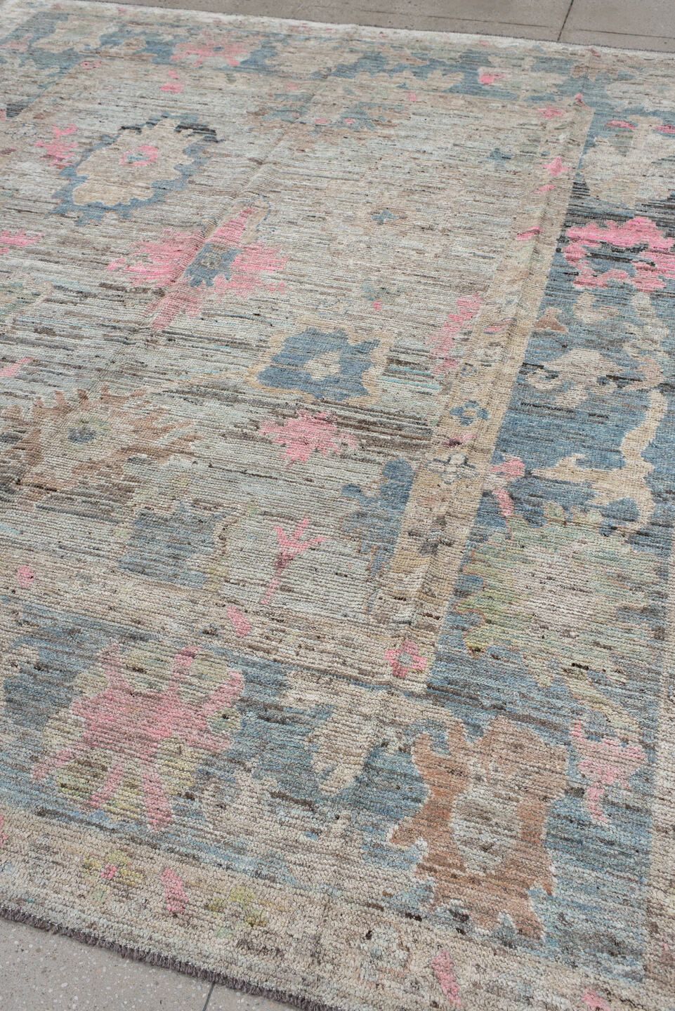 8' x 9' one-of-a-kind handmade vintage Oushak rug. Color palette: ivory, taupe, pale blue, blush, beige, gray, light blue