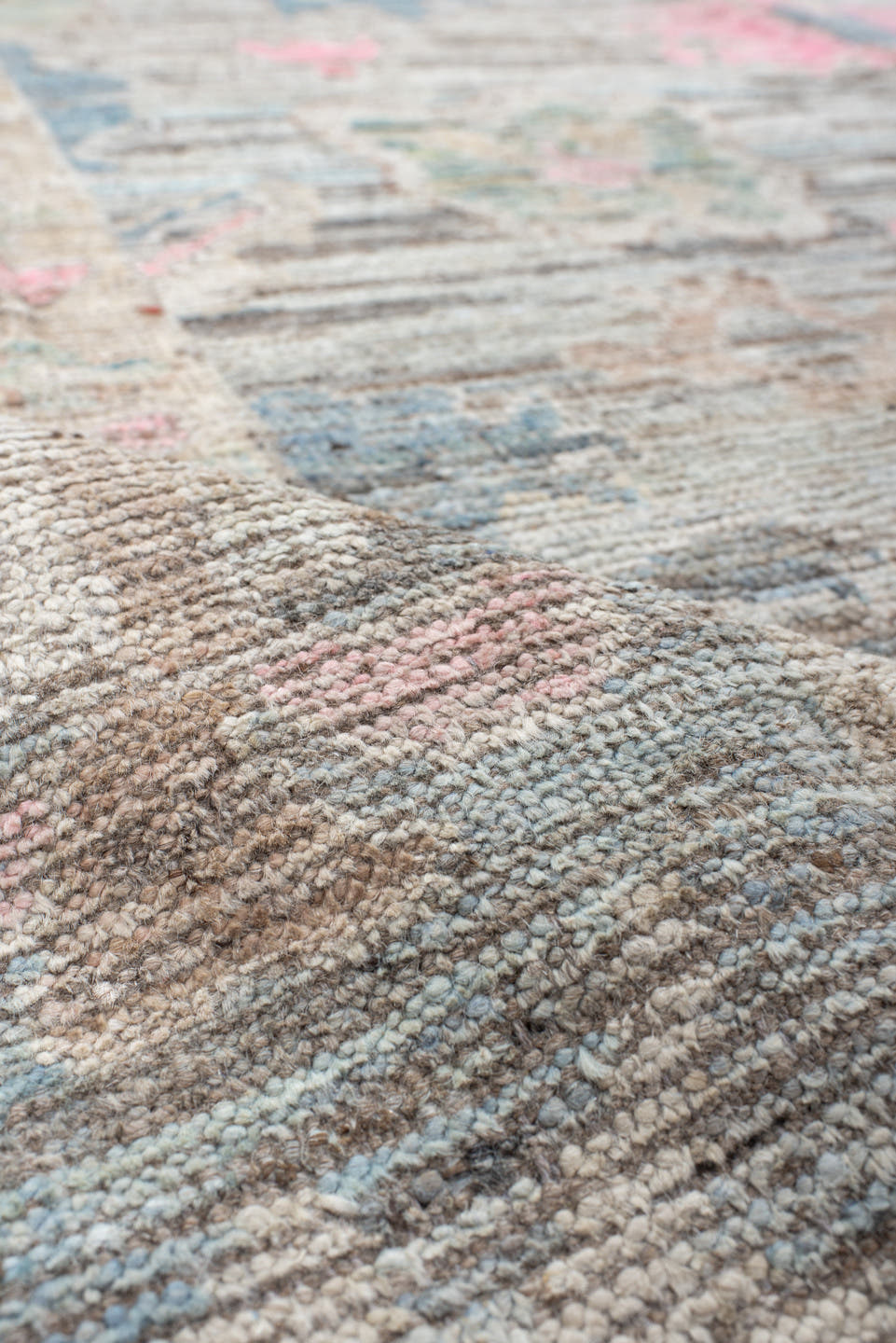 8' x 9' one-of-a-kind handmade vintage Oushak rug. Color palette: ivory, taupe, pale blue, blush, beige, gray, light blue