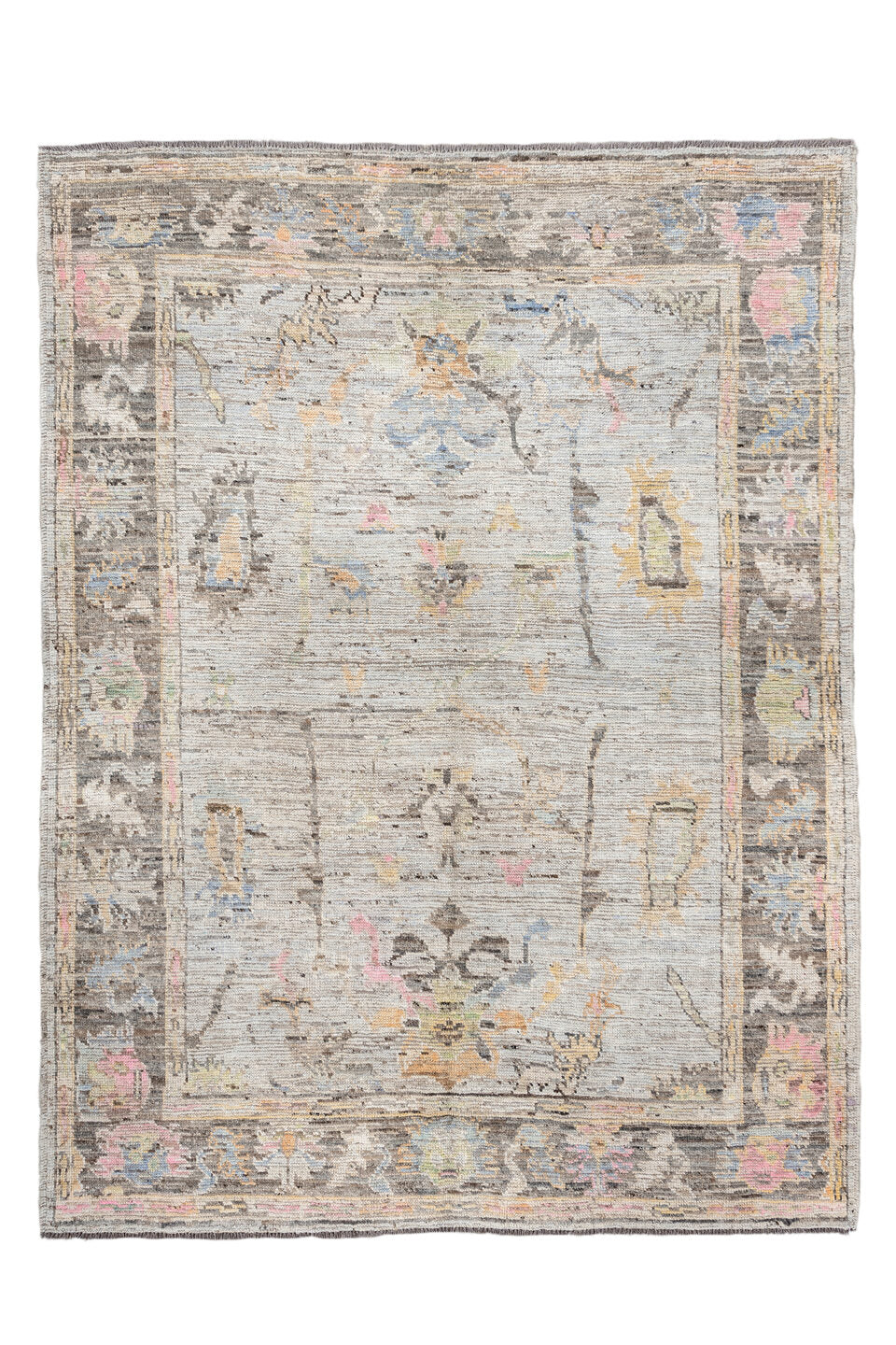 6' x 7' one-of-a-kind handmade vintage Oushak rug. Color palette: brown, gainsboro, gray, light gray, off-white, orange, tan
