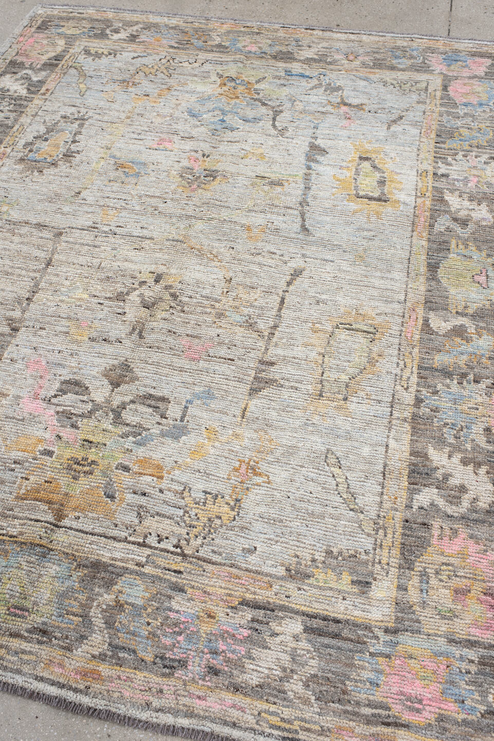 6' x 7' one-of-a-kind handmade vintage Oushak rug. Color palette: brown, gainsboro, gray, light gray, off-white, orange, tan