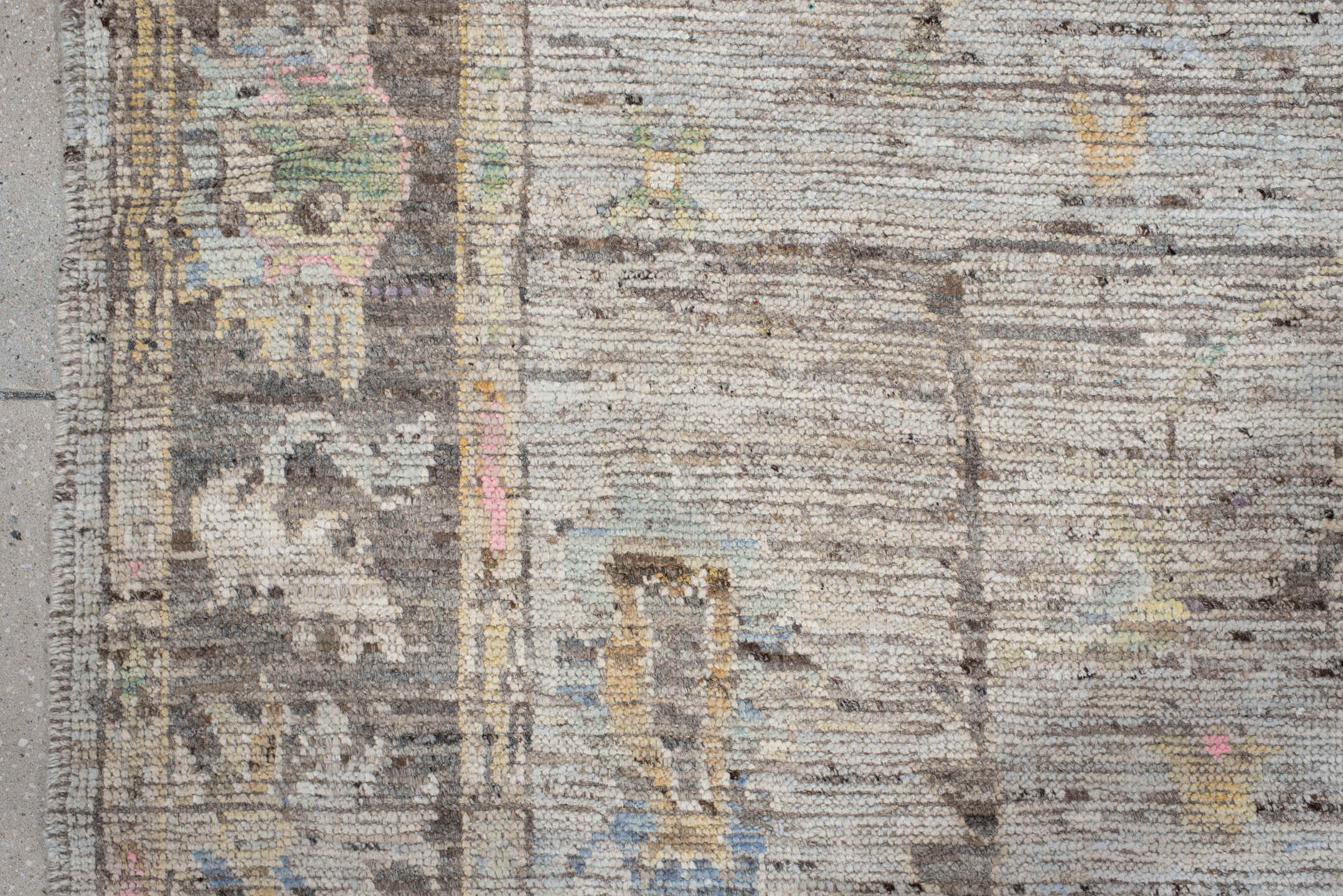 6' x 7' one-of-a-kind handmade vintage Oushak rug. Color palette: light gray, charcoal, ivory, powder blue, blush, gold