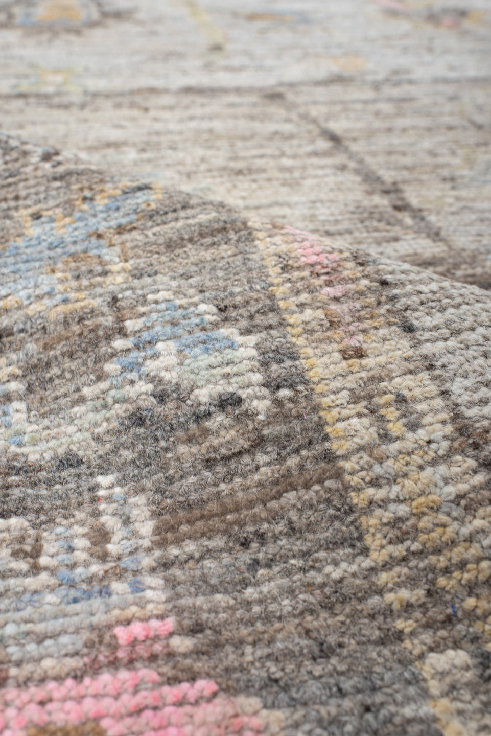 6' x 7' one-of-a-kind handmade vintage Oushak rug. Color palette: light gray, charcoal, ivory, powder blue, blush, gold
