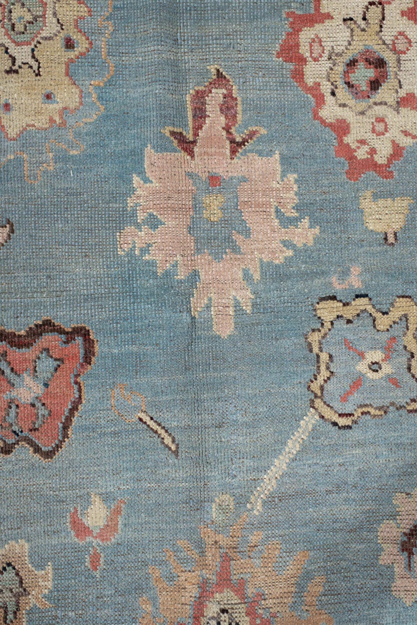 5' x 7' one-of-a-kind handmade vintage Oushak medium size rug. Color palette: sky blue, ivory, sage, rust, rose, taupe