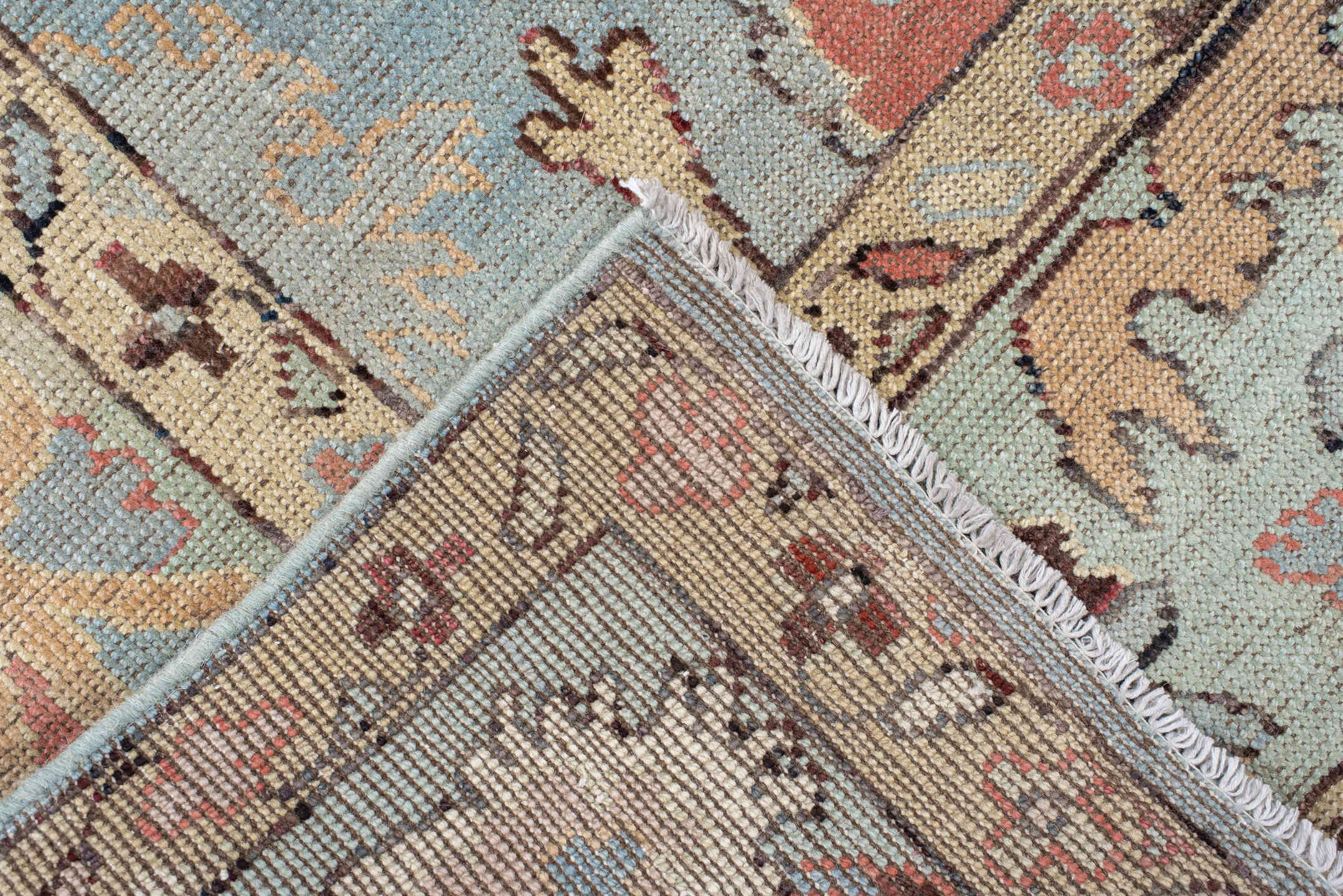 5' x 7' one-of-a-kind handmade vintage Oushak medium size rug. Color palette: sky blue, ivory, sage, rust, rose, taupe