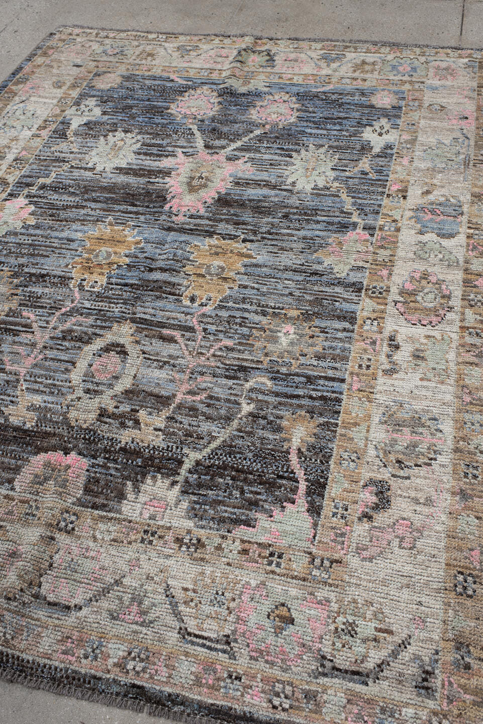 6' x 8' one-of-a-kind handmade vintage Oushak medium size rug. Color palette: charcoal, ivory, taupe, blush, gold, slate