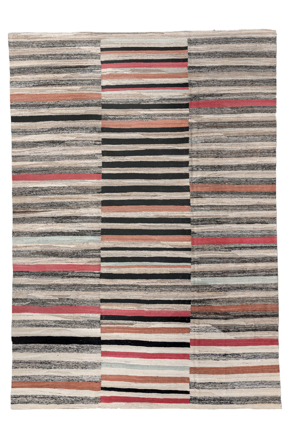8' x 12' one-of-a-kind handmade vintage Kilim large size rug. Color palette: black, brown, charcoal, dark gray, gray