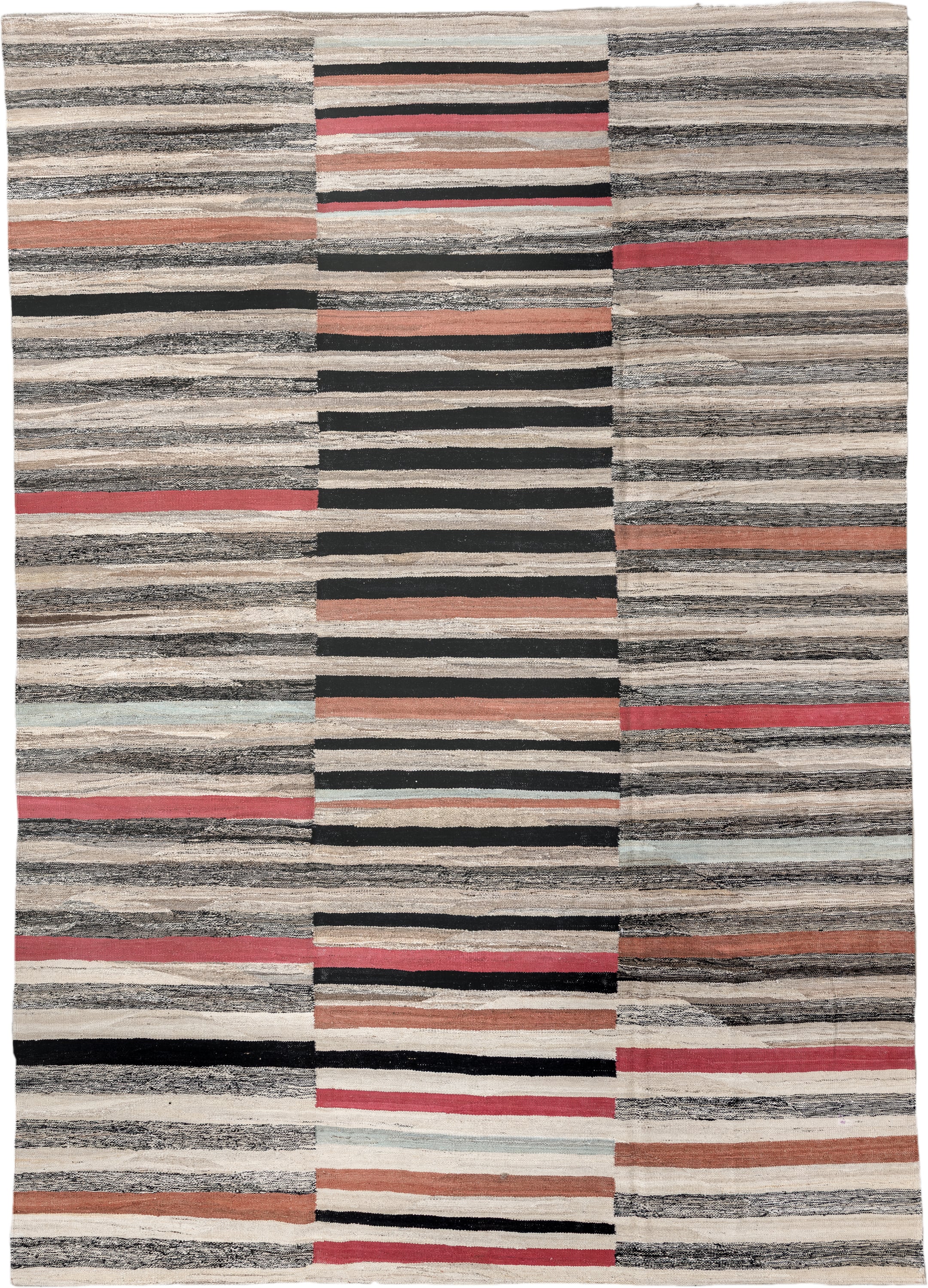8' x 12' one-of-a-kind handmade vintage Kilim large size rug. Color palette: ivory, charcoal, black, coral, terra cotta