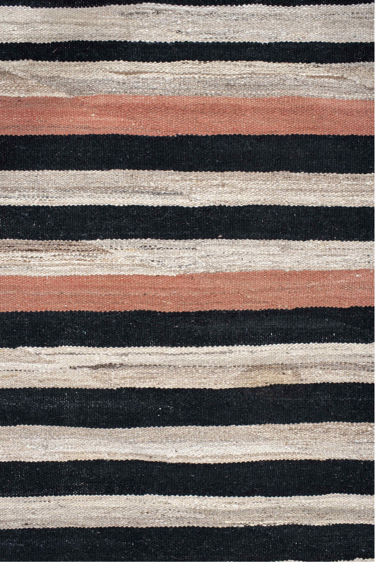 8' x 12' one-of-a-kind handmade vintage Kilim large size rug. Color palette: ivory, charcoal, black, coral, terra cotta