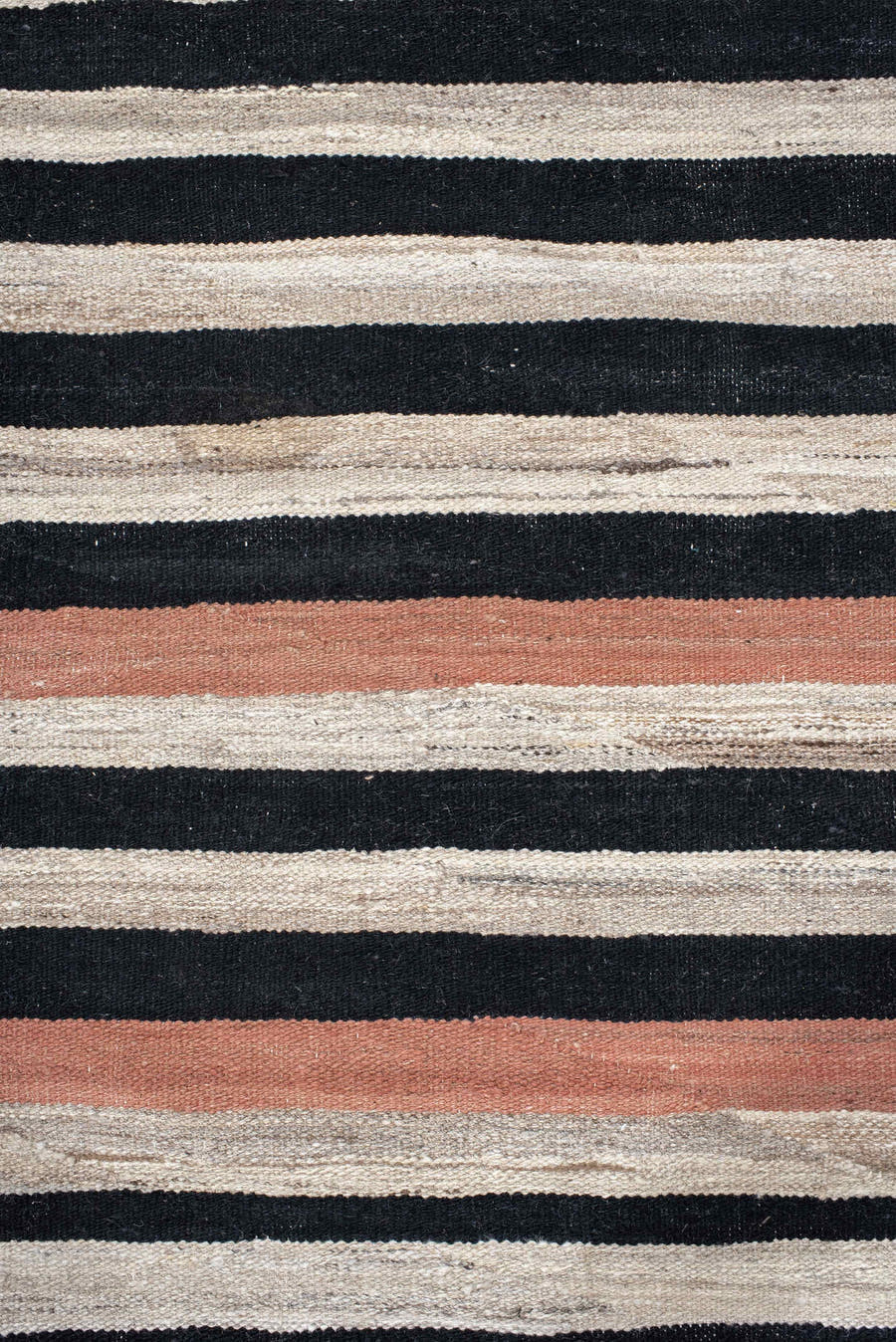 8' x 12' one-of-a-kind handmade vintage Kilim large size rug. Color palette: ivory, charcoal, black, coral, terra cotta