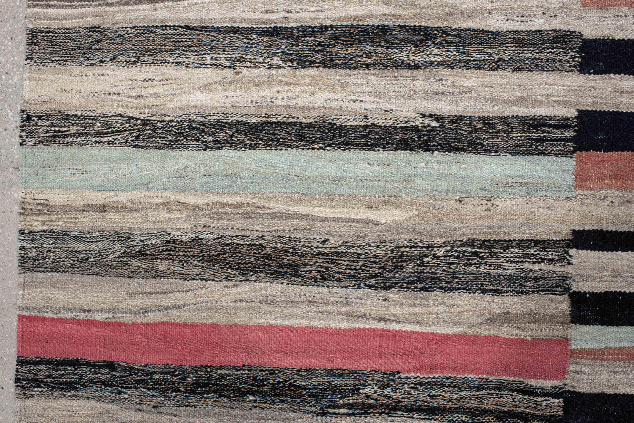 8' x 12' one-of-a-kind handmade vintage Kilim large size rug. Color palette: ivory, charcoal, black, coral, terra cotta