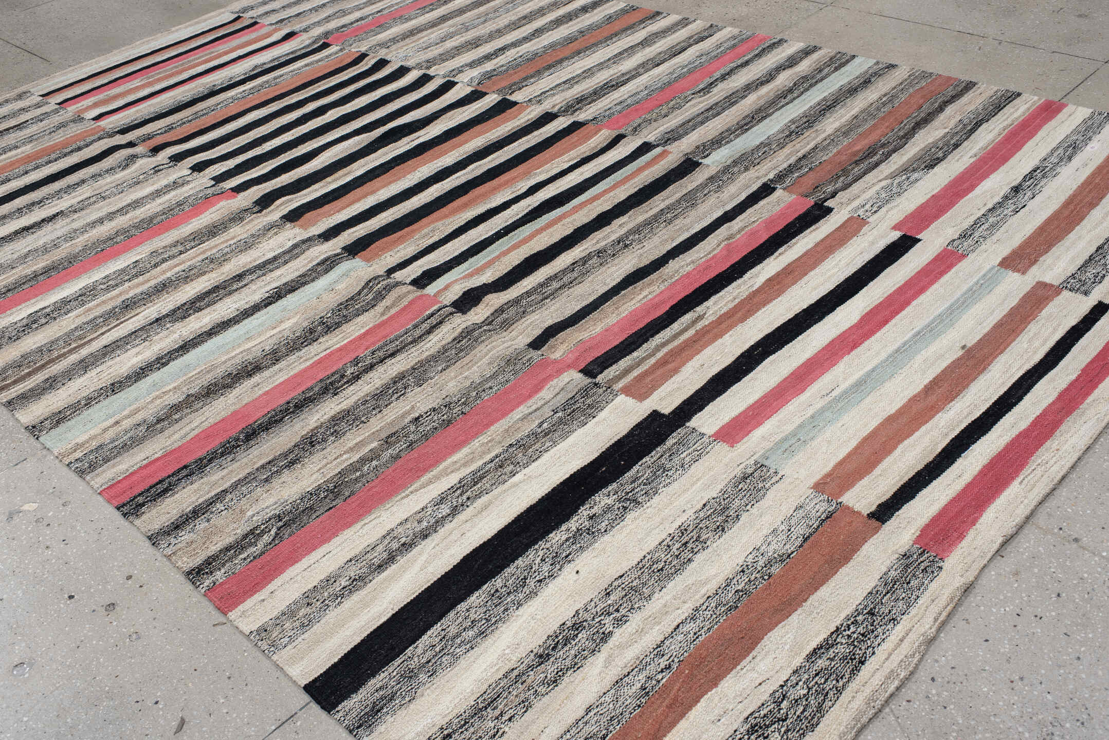 8' x 12' one-of-a-kind handmade vintage Kilim large size rug. Color palette: ivory, charcoal, black, coral, terra cotta