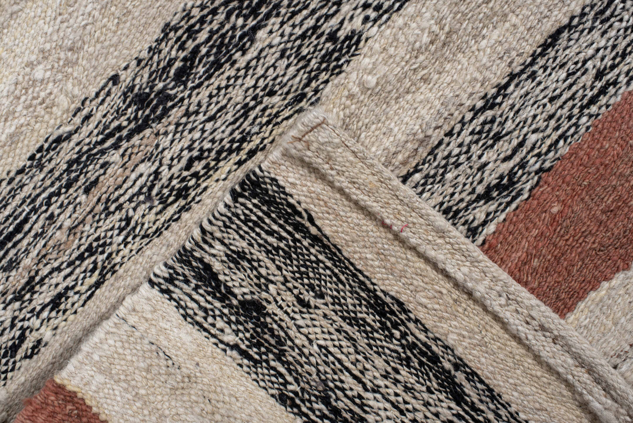 8' x 12' one-of-a-kind handmade vintage Kilim large size rug. Color palette: ivory, charcoal, black, coral, terra cotta