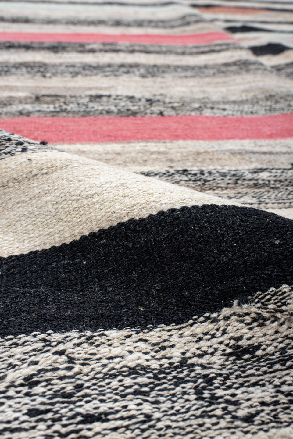 8' x 12' one-of-a-kind handmade vintage Kilim large size rug. Color palette: ivory, charcoal, black, coral, terra cotta