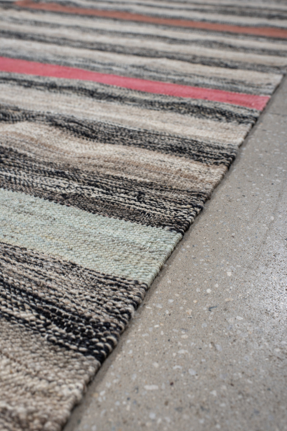 8' x 12' one-of-a-kind handmade vintage Kilim large size rug. Color palette: ivory, charcoal, black, coral, terra cotta