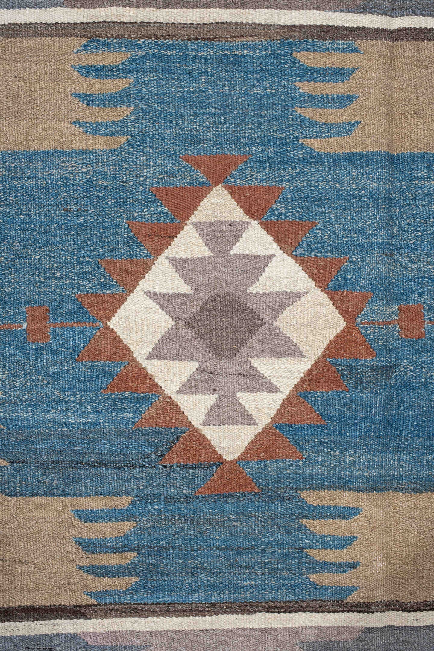 4' x 15' one-of-a-kind handmade vintage Kilim runner rug. Color palette: ivory, taupe, slate, sky blue, charcoal, rust