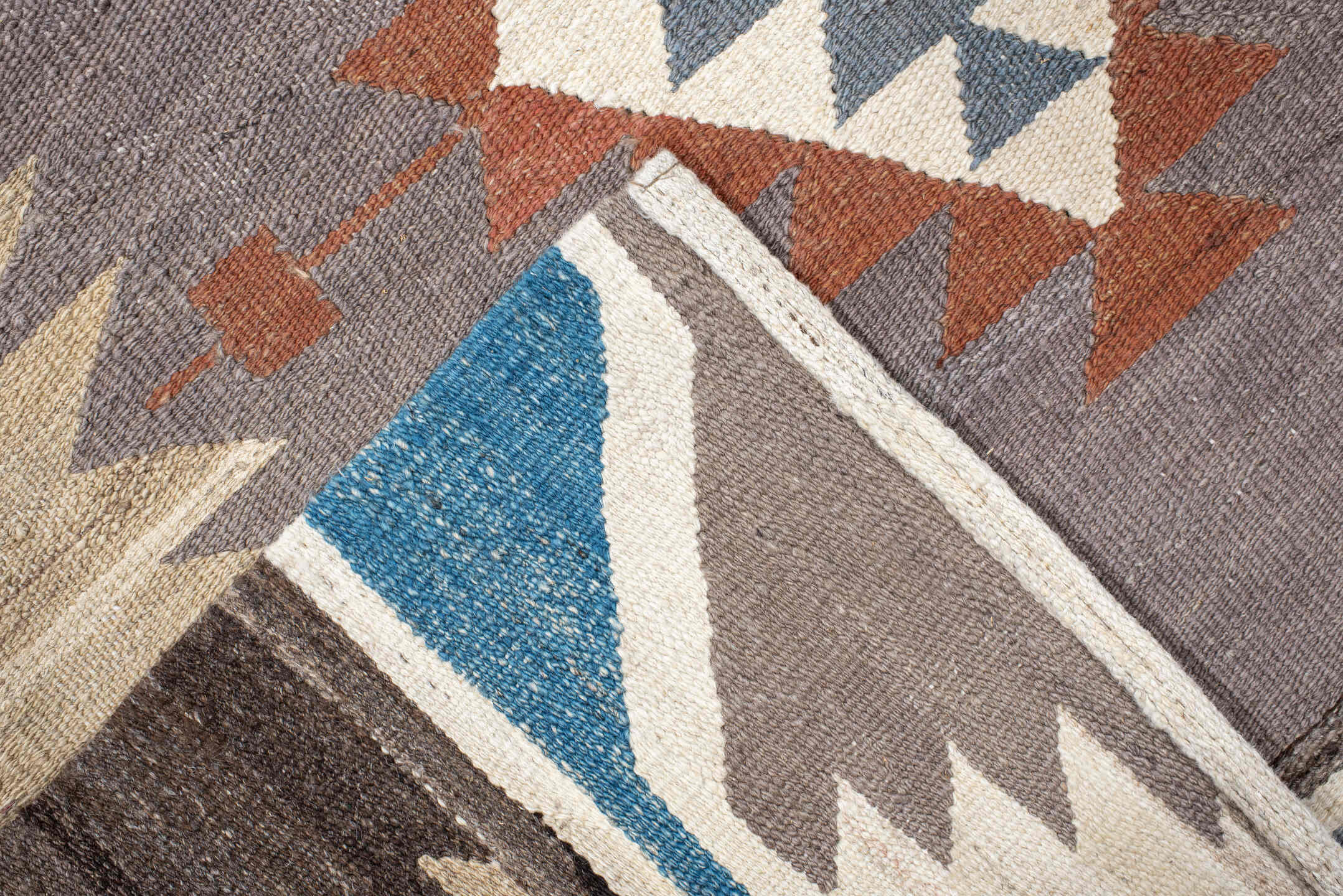 4' x 15' one-of-a-kind handmade vintage Kilim runner rug. Color palette: ivory, taupe, slate, sky blue, charcoal, rust