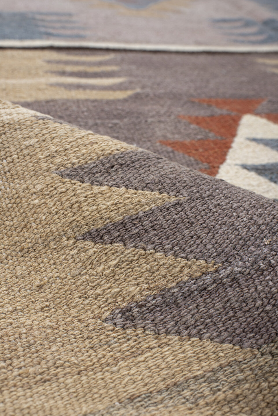 4' x 15' one-of-a-kind handmade vintage Kilim runner rug. Color palette: ivory, taupe, slate, sky blue, charcoal, rust