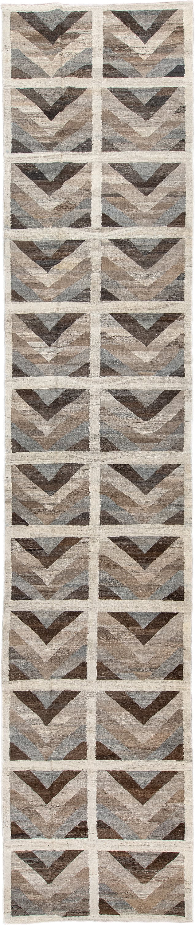 3' x 12' one-of-a-kind handmade vintage Kilim runner rug. Color palette: ivory, taupe, brown, gray, beige, slate