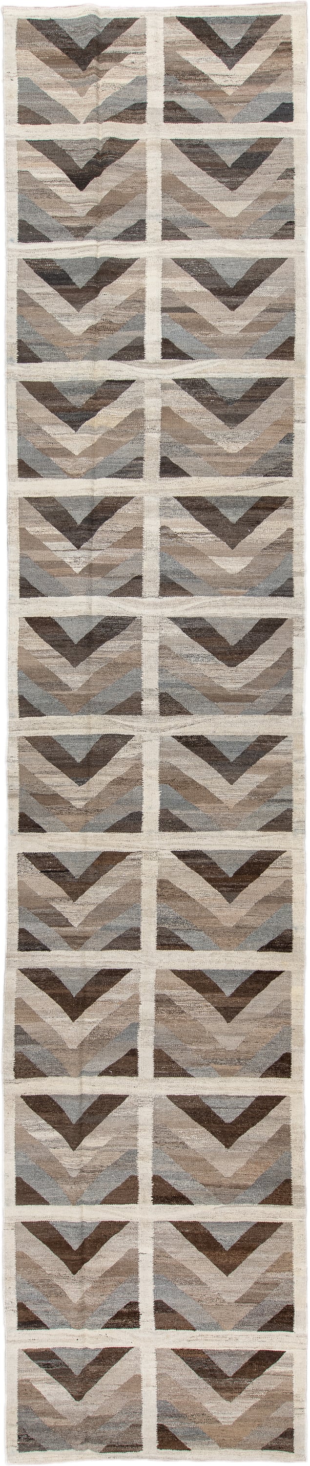 3' x 12' one-of-a-kind handmade vintage Kilim runner rug. Color palette: ivory, taupe, brown, gray, beige, slate