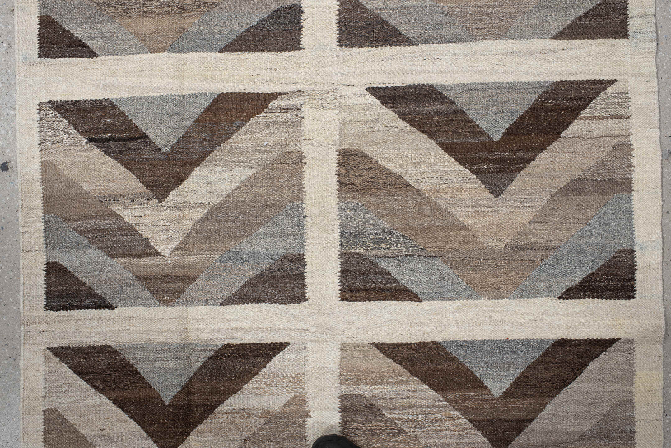 3' x 12' one-of-a-kind handmade vintage Kilim runner rug. Color palette: brown, dim gray, gray, light gray, off-white